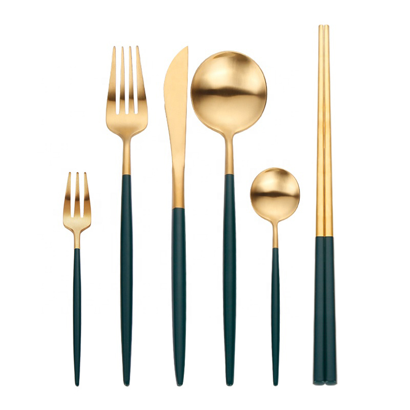 Green Handle Stainless Steel Wedding Full Restaurant Matte Gold Spoon Fork Knife Cutlery Set