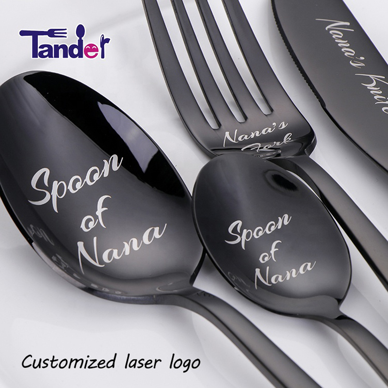Custom Laser il tuo nome Logo Testo in acciaio inossidabile Set Knife Fork Spoon