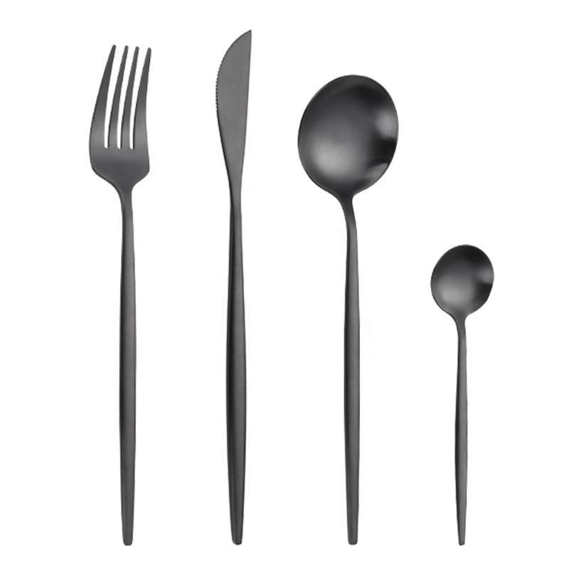 posate ristorante riutilizzabili moderne in titanio di colore nero, set di posate in metallo nero opaco in acciaio inossidabile