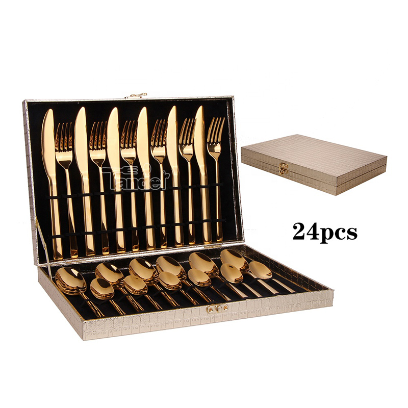 Set di forchette per coltelli Set di posate dorate Brillante metallo personalizzato Set di posate da 24 pezzi in acciaio inossidabile con custodia