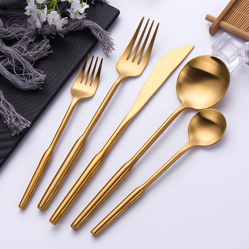 Titanio Gold Plating Brass Flatware Matt Fine Metal Fork Spoon Knife Matte Gold Cutlery
